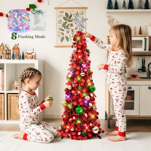 N&T NIETING Pop Up Christmas Tree with Lights & Ornaments, 3FT, Red