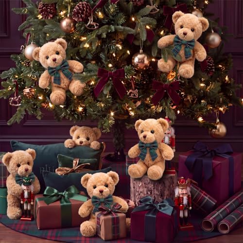 Chalyna 6 Pack Christmas Teddy Bear Decor with Velvet Tartan Bow, Green