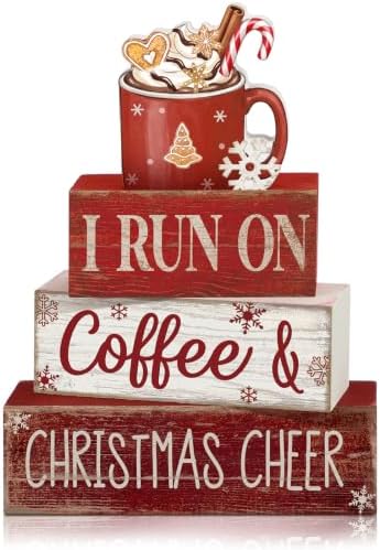 Lineshading 4 Pcs Christmas Coffee Table Decor Hot Chocolate Cocoa Wooden Stacked Sign Rustic Christmas Tiered Tray Decor Cocoa Centerpiece Block Signs Gift Xmas Decoration for Home Coffee Bar Kitchen