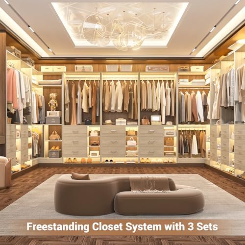 Aheaplus Closet System with 6 Drawers, 4 Hanging Rods & Corner Tower, Corner Closet System with Hanging,92.6" L-Shaped Walk-In Wardrobe Organizer, 2000+ lbs Capacity, Set of 3, White Oak