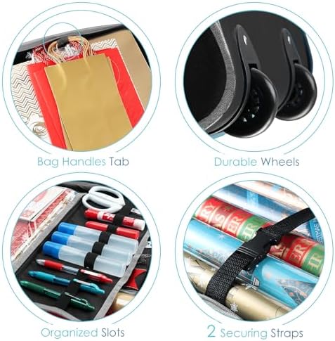 Hearth & Harbor Holiday Storage with Extra 2 PC of Christmas Storage Bins and Ribbon Storage Organizer - Fade Resistant Wrapping Paper Storage Containers with Wheels Fits Up to 30 Rolls of 40" Length