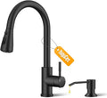 Hiqufet Pull Down Kitchen Faucet with Soap Dispenser, Matte Black | Easy Install, High Arc Single Handle, 3 Spray Modes, 360 Swivel, SUS304 Stainless Steel, Fits RV/Laundry/Bar Sinks