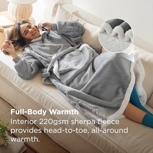 Bedsure Long Sherpa Wearable Blanket Hoodie, Grey, Standard
