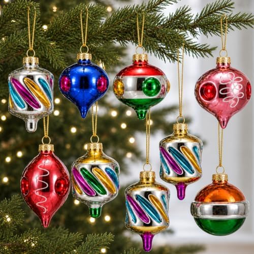 Soulchen 8 Pcs Vintage Glass Christmas Ornaments Retro Reflector Ball