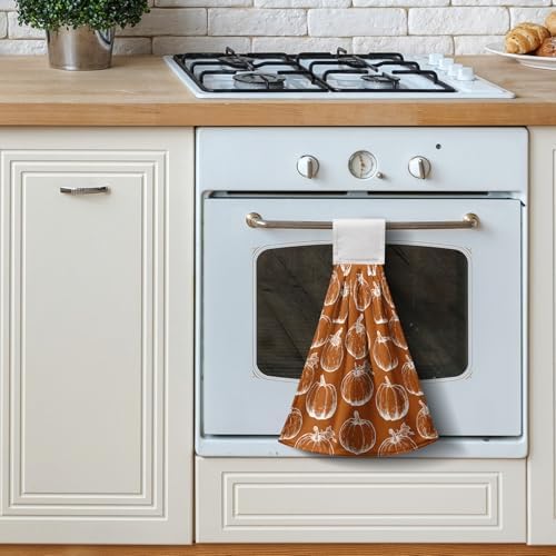 2 Pcs Fall Pumpkin Hanging Kitchen Towels Autumn Thanksgiving Hand Towels with Hanging Loop Burnt Orange White Pumpkins Dish Towels Soft Absorbent Bath Tie Towel for Bathroom Decor