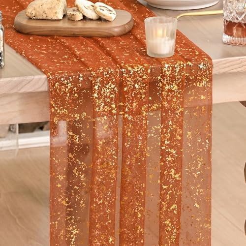 Artoid Mode Caramel Gold Gauze Table Runner 120 Inch 10FT, Glitter Metallic Foil Sheer Dining Wedding Anniversary Birthday Table Decor for Home Party
