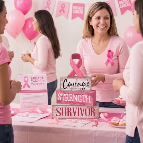 Moucuny 4 Pcs Breast Cancer Awareness Table Decoration Wooden Pink Ribbon