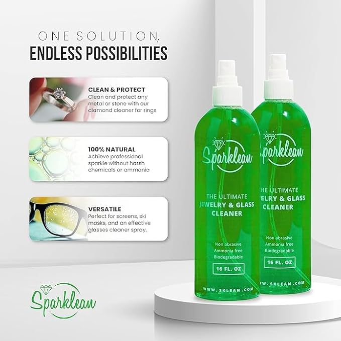 SPARKLEAN Jewelry Cleaner Spray 8oz · Everyday Home + Ultrasonic-Compatible · Safe on Gold, Silver, Diamond, Pearl · Anti-Fog Eyeglass + Lens Spray · Ammonia-Free pH-Balanced · Made in USA Since 2003