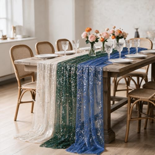 Artoid Mode 3PC Beige Green Blue Gauze Table Runner 120 Inch 10FT, Glitter Metallic Foil Sheer for Wedding Anniversary Holiday Birthday Home Party Decor