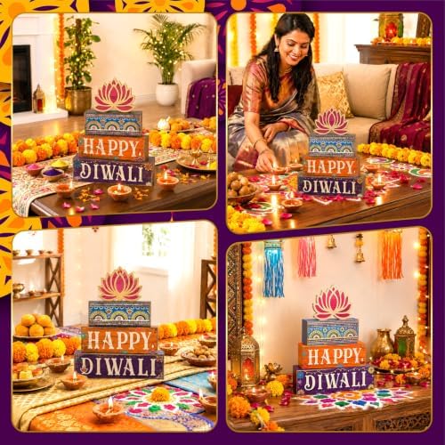 Lineshading 4 Pcs Diwali Table Decoration, Happy Diwali Lotus Wood Sign