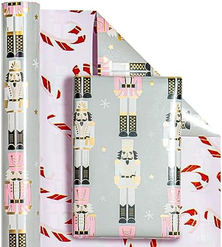 WRAPAHOLIC Reversible Nutcracker Christmas Wrapping Paper - Mini Roll - 17 Inch x 33 Feet - Nutcracker and Candy Cane Design Printed on Pearlized Paper for Chrsitmas, Holiday, Party Celebration