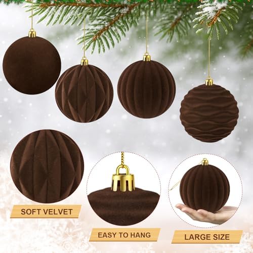 Liliful 4 Inch 12 Pcs Velvet Christmas Ornaments Balls, Brown