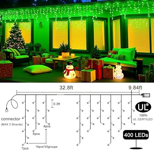 Icicle Lights for Outside 33FT 400 LED Green Christmas Lights