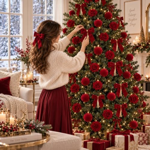 100 Pcs Velvet Rose Christmas Tree Decoration Ribbon Bow Ball Ornament Set
