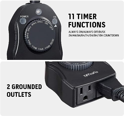 TiFFCOFiO Outdoor Christmas Light Timer, Dusk to Dawn Sensor Countdown, Outdoor Timers for Electrical Outlets Waterproof, 2 Grounded Outlets for Christmas Lights, 15A 1/2HP, CSA Listed (2 Pack)
