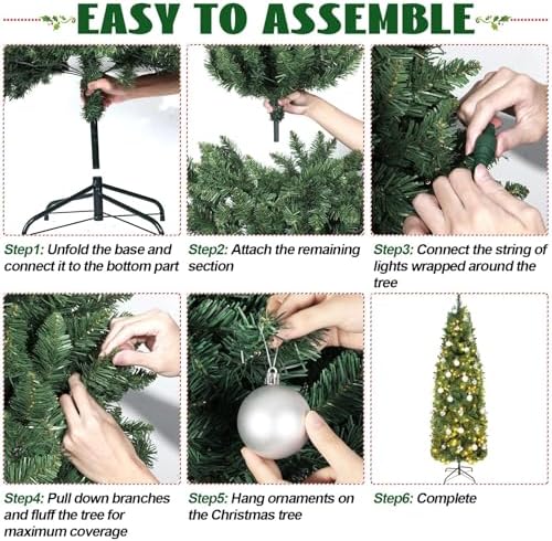 31 Pcs 6 Ft Artificial Slim Christmas Tree with 200 LED Warm White String Lights 30 Silver Ball Ornaments Skinny Thin Pencil Tree with Metal Stand for Home Xmas Holiday Party Decoration