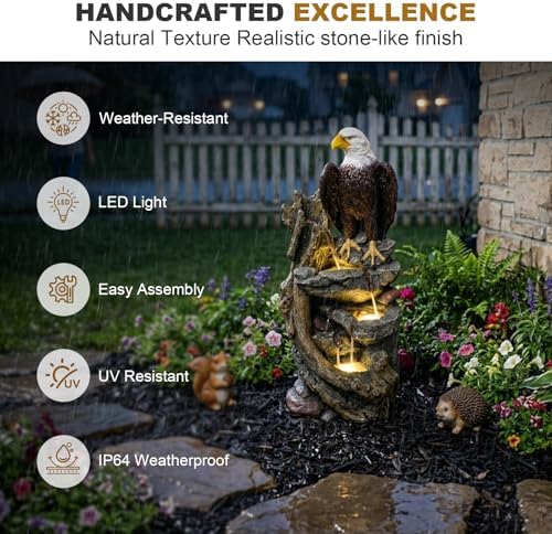 Bald Eagle Outdoor Fountain, 40.5" H Large Cascading Waterfall Feature