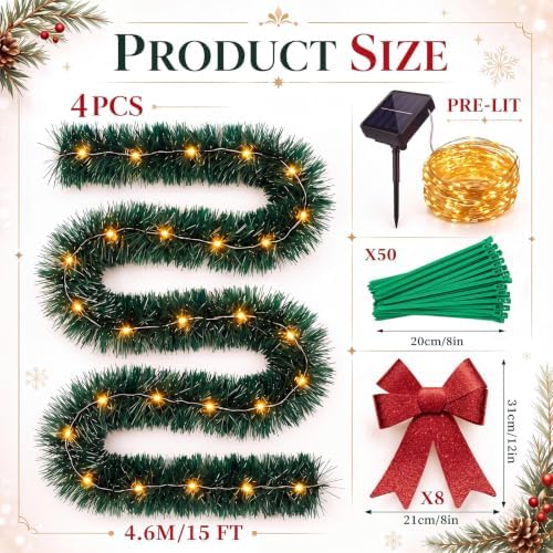 Kingdder 4 Pcs 30FT Outdoor Christmas Garland with Solar Lights, Warm White