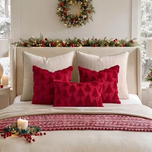 MIULEE Christmas Throw Pillow Covers Burgundy Red Christmas Decorations Set of 2 Xmas Tree 22x22 Pillow Covers Soft Plush Faux Wool Pillowcases Holiday Festivals Winter Home Decor Sofa Couch Bed Porch