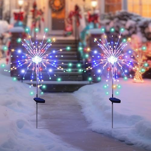 Solar Garden Lights for Outdoor Decor, Waterproof 2 Pack Solar Powered Firework Stake 120 LED Sparklers String Lights for Yard Pathway Christmas Decorations(Colorful)