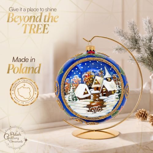 Hand Blown Glass Christmas Ornaments Ball, Sapphire 8 in + Stand
