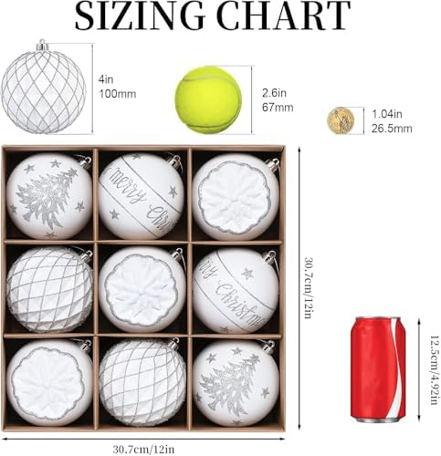 SHareconn 100MM/4 Inch 9PCS Large Christmas Balls Ornaments, White & Silver
