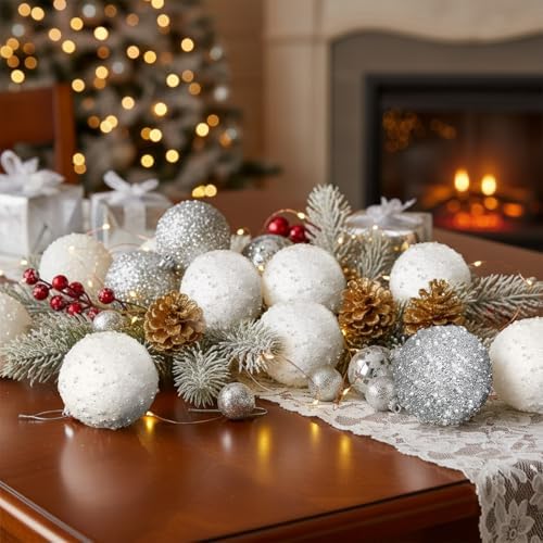 Lyrow 24 Pcs 4" Christmas Ball, White,Silver