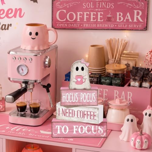 Moucuny 4 Pcs Pink Halloween Table Decor Ghost Wooden Stacked Block Decor