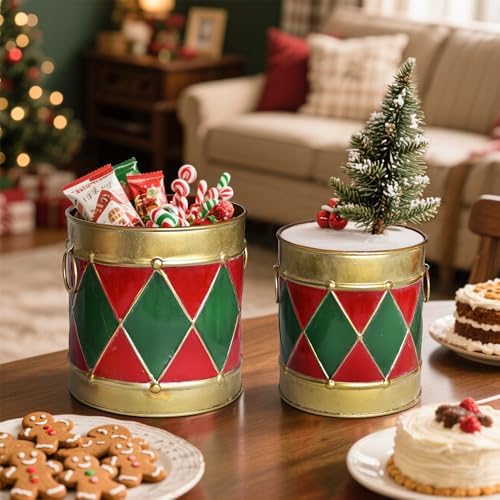 2-Piece Christmas Metal Drum Buckets Set - Festive Ice Bucket & Storage for Small Plants/Ornaments/Candies, Round Decorative Pails for Party Table Centerpieces & Home Mantel Display