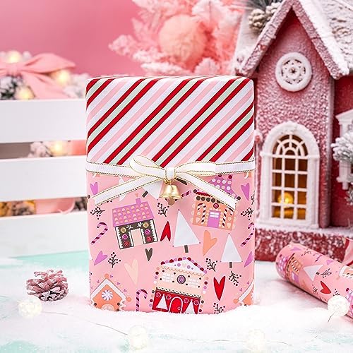 WRAPAHOLIC Reversible Christmas Wrapping Paper - Mini Roll - 17 Inch x 33 Feet - House with Christmas Tree and Candy Cane Wrapping Paper for Holiday, Party Celebration