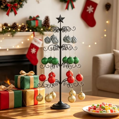 4‑Tier Metal Ornament Display Tree Stand, Wrought Iron Christmas Tree Black
