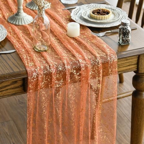 Artoid Mode Orange Gold Gauze Table Runner 59x120 Inch 10FT, Glitter Metallic Foil Sheer Dining Wedding Anniversary Holiday Table Decor for Home Party
