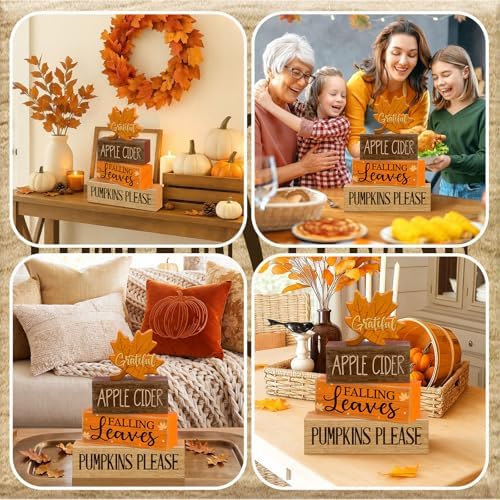 Moucuny 4 Pcs Fall Table Decor for Home, Wooden Grateful Maple Leaf Signs