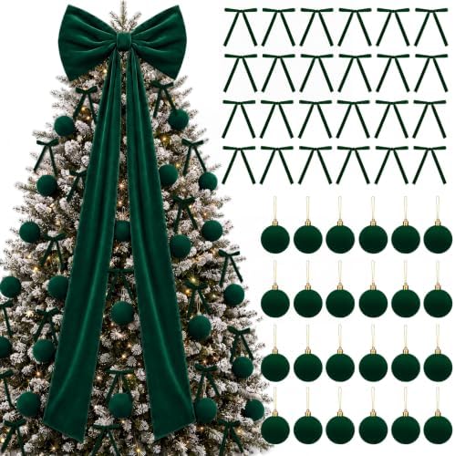 49 Pcs Dark Green Brown Christmas Tree Decoration Set with Velvet Bow Ball