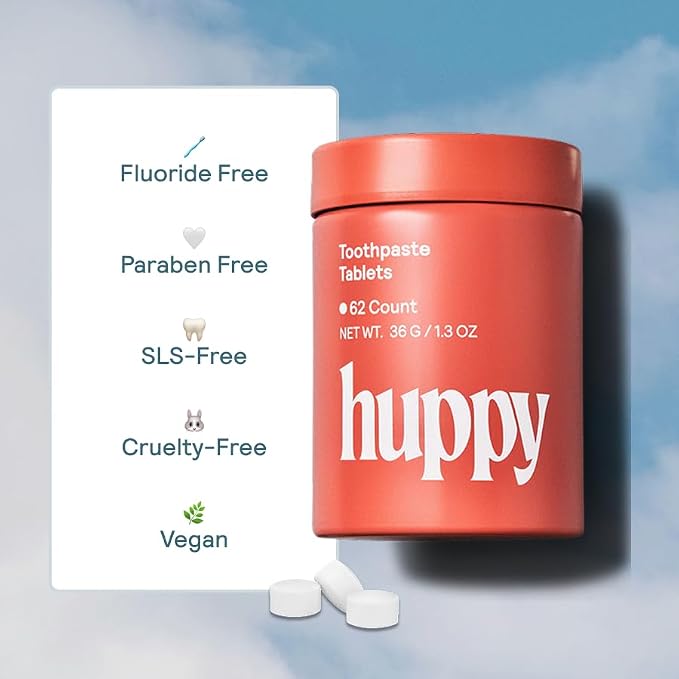 Huppy Toothpaste Tablets, Nano Hydroxyapatite, Fluoride Free and Plastic Free, Natural Whitening, Remineralizing, SLS Free, Travel Friendly Chewable Tabs, Strawberry Flavor, 62 Count (1 Month Supply)