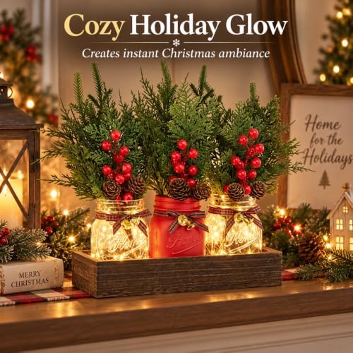Mason Jar Christmas Table Decor, Winter Xmas Centerpieces for Tables