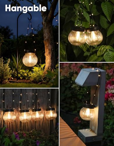 PARTPHONER Solar Lights Outdoor Waterproof 12-Pack, Solar Powered Hanging Lantern Ribbed Glass Hanging Globes for Yard Decor Christmas Decoration, Shepherd Hook, Garden Tree Ornaments, Clear