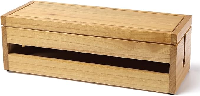 Changsuo Cable Management Box Wooden Cord Organizer Box for Extension Cord Power Stripe Surge Protector Wire Management Concealer Organizer Cover Hider for Desktop Home Office Kitchen (Light Natural)