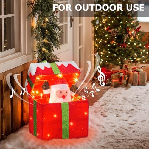 PEIDUO Animated Christmas Santa in Lighted Gift Box, Motion Sensor Christmas Music Decorative Lights, Under The Christmas Tree Present Decorations for Indoor Outdoor Yard Home Holiday Decor