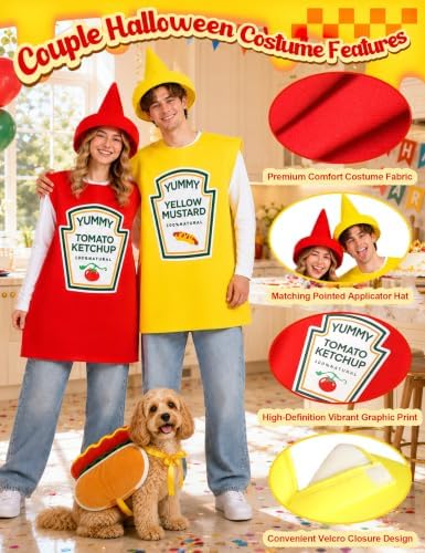 Ketchup Mustard and Hot Dog Costume Adult Set 5PCS Funny Food Tunic Outfits for Couples Family Halloween Party Cosplay
