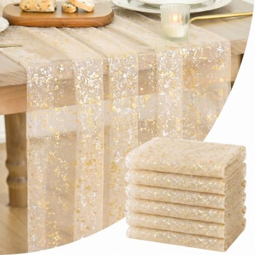 Artoid Mode 6-Pack Gold Gauze Champagne Table Runner 10FT, Glitter Metallic Foil Sheer Dining Wedding Anniversary Holiday Birthday Table Decor for Home Party