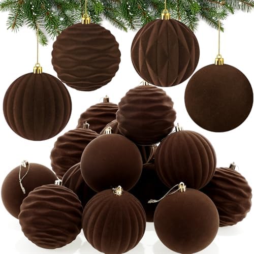 Liliful 4 Inch 12 Pcs Velvet Christmas Ornaments Balls, Brown