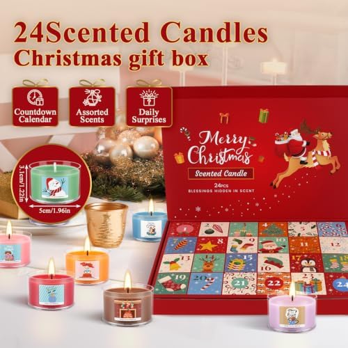 24 Days of Christmas Countdown Alex Transparent Candles, Festive Scented Soy Wax Gift Set, Holiday Aromatherapy Candles for Women, Christmas Decor