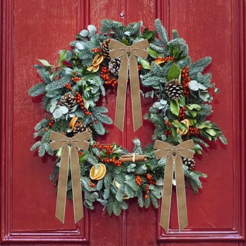 12Pcs Neutral Velvet Ribbon Bows Christmas Tree Decorations,5in x 10in Vintage Xmas Ornaments for Tree Home Party Front Door Wreath Garland Holiday Decor