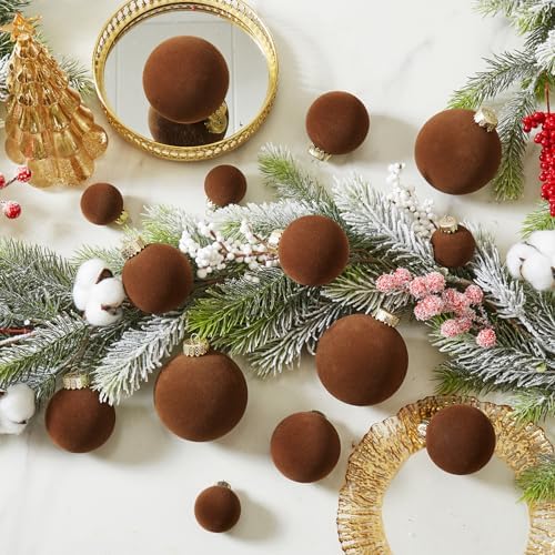Brown Velvet Christmas Ball Ornaments-46pcs Flocked Xmas Tree Decorations