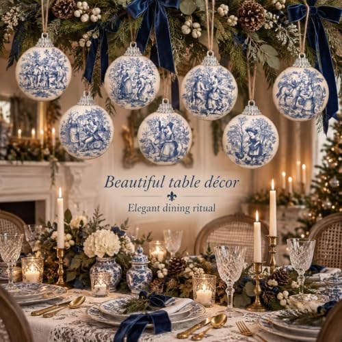 Outus 16 Pcs Blue and White Toile De Jouy Christmas Ball Ornaments for Tree