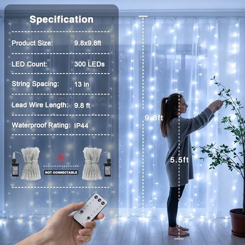 JMEXSUSS 300 LED Curtain Lights, Indoor String Lights for Bedroom, White