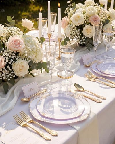 Nervure 700Pcs Gold Plastic Plates, Plastic Dinnerware Set for 100 Guests