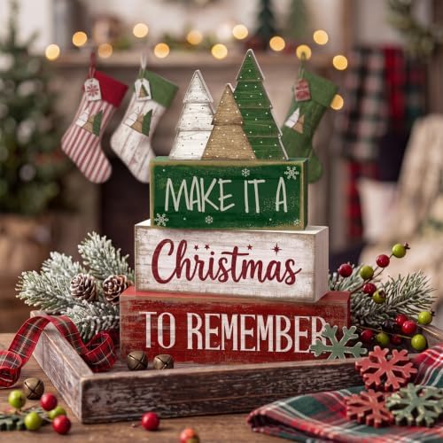 Lineshading 4 Pcs Christmas Table Decor, Wooden Neutral Tree Block Sign