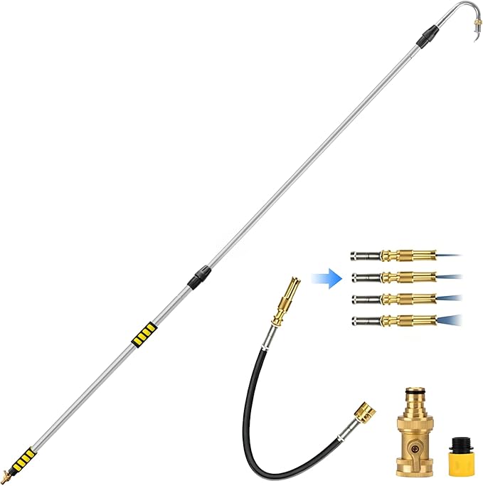 2-IN-1 20FT Reach Gutter Cleaning Tools, 12FT Telescoping Gutter Cleaning Tool with Bendable Wand & Curved Wand, 360° Rotating Nozzle, Adjustable Spray Patterns, Hose Attachment for Garden, Car Wash